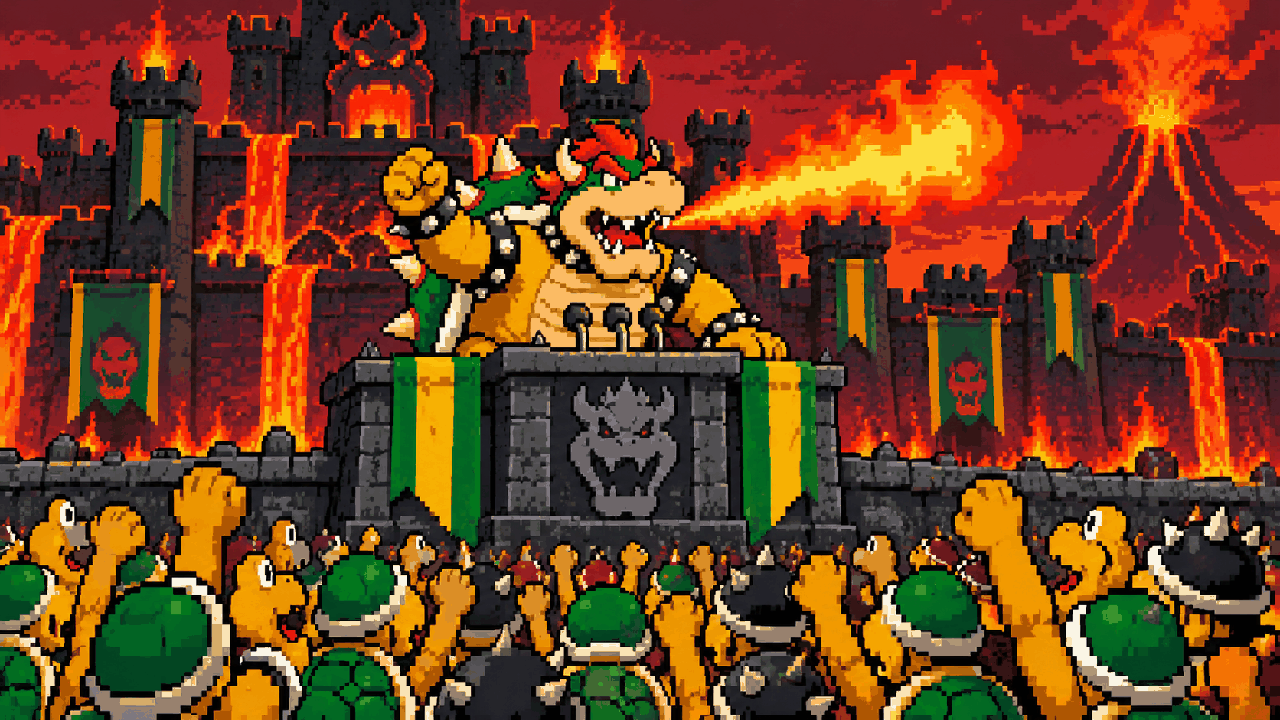 Bowser em um palanque diante de seu castelo em chamas