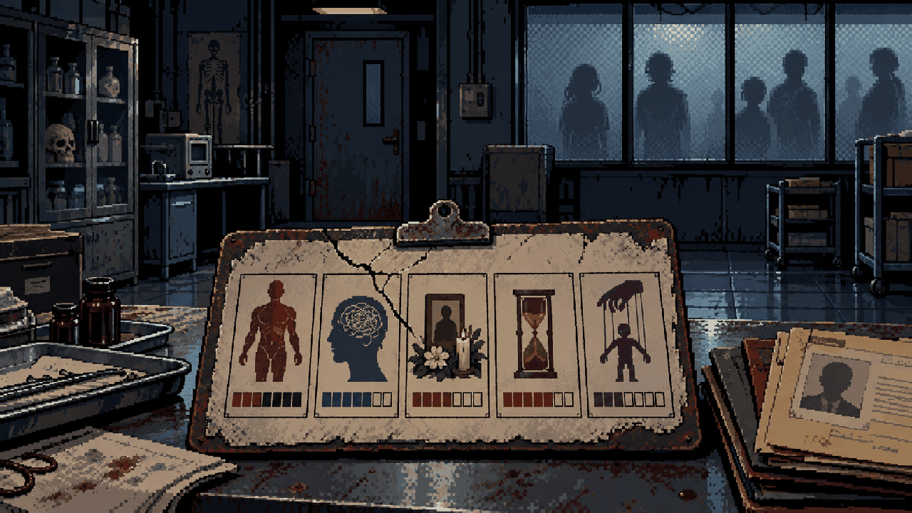 Ficha de avaliação em laboratório de Resident Evil em pixel art