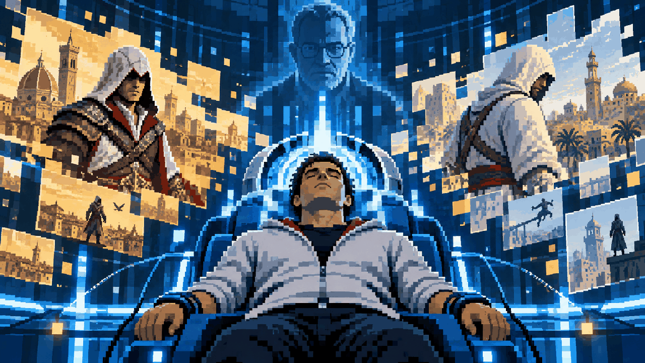 Desmond inconsciente dentro do Animus com memórias fragmentadas