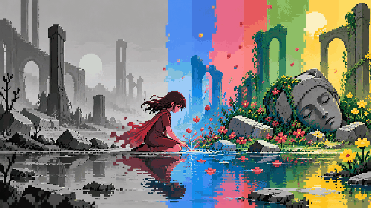 Personagem em mundo cinza recuperando cores em uma cena inspirada em GRIS em pixel art
