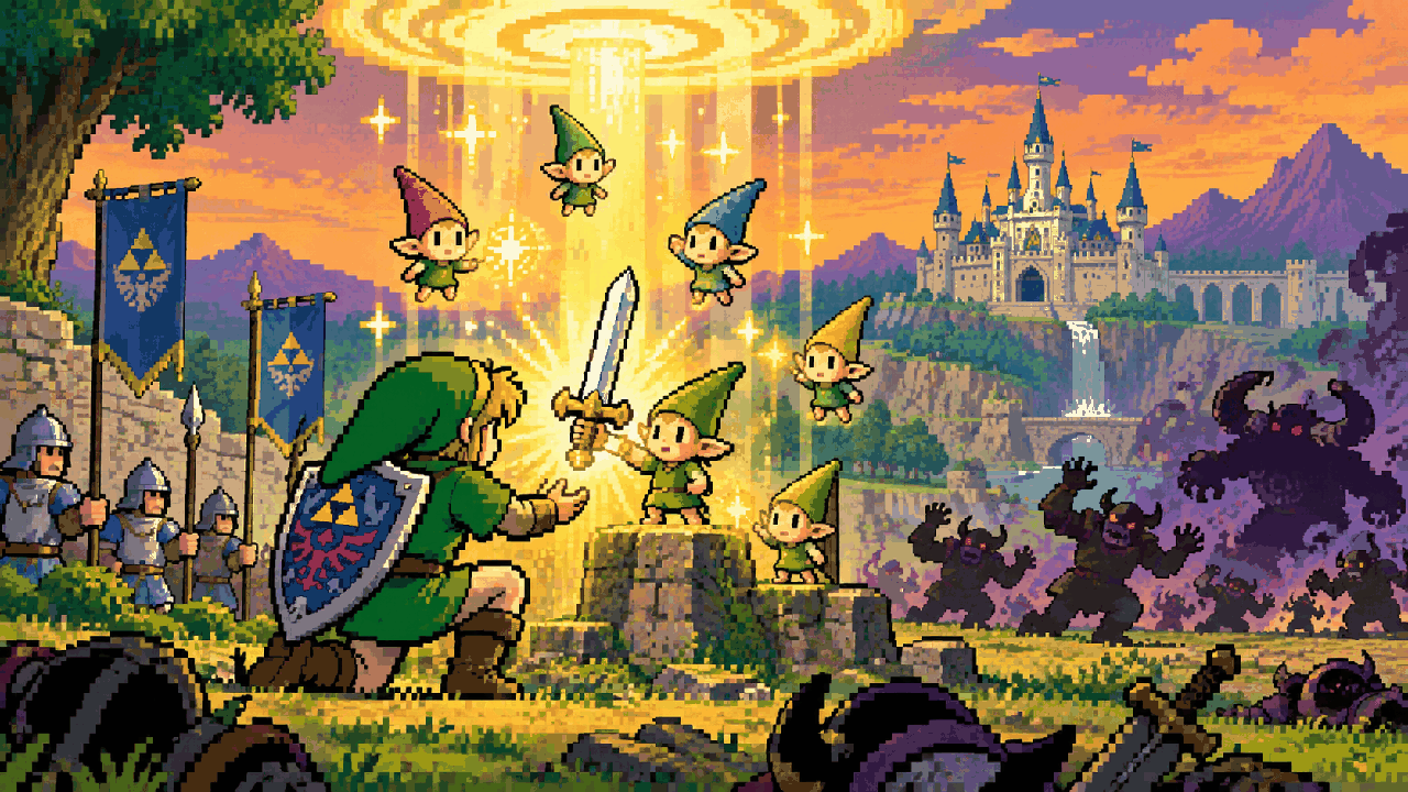 Os Picori entregam uma espada e uma luz aos humanos em uma lenda de Hyrule em pixel art