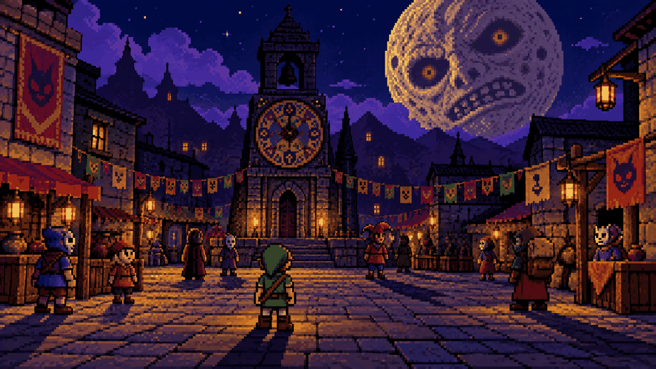Link observa uma lua enorme sobre Clock Town durante a noite em pixel art