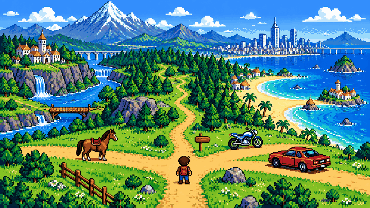 Viajante diante de caminhos diferentes em mapa aberto em pixel art