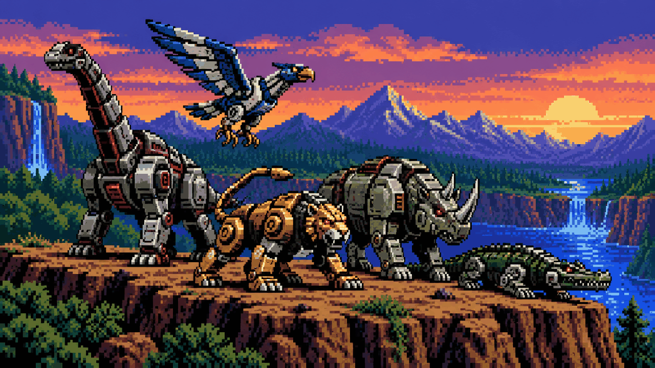 Máquinas de Horizon inspiradas em dinossauros, aves e mamíferos em pixel art