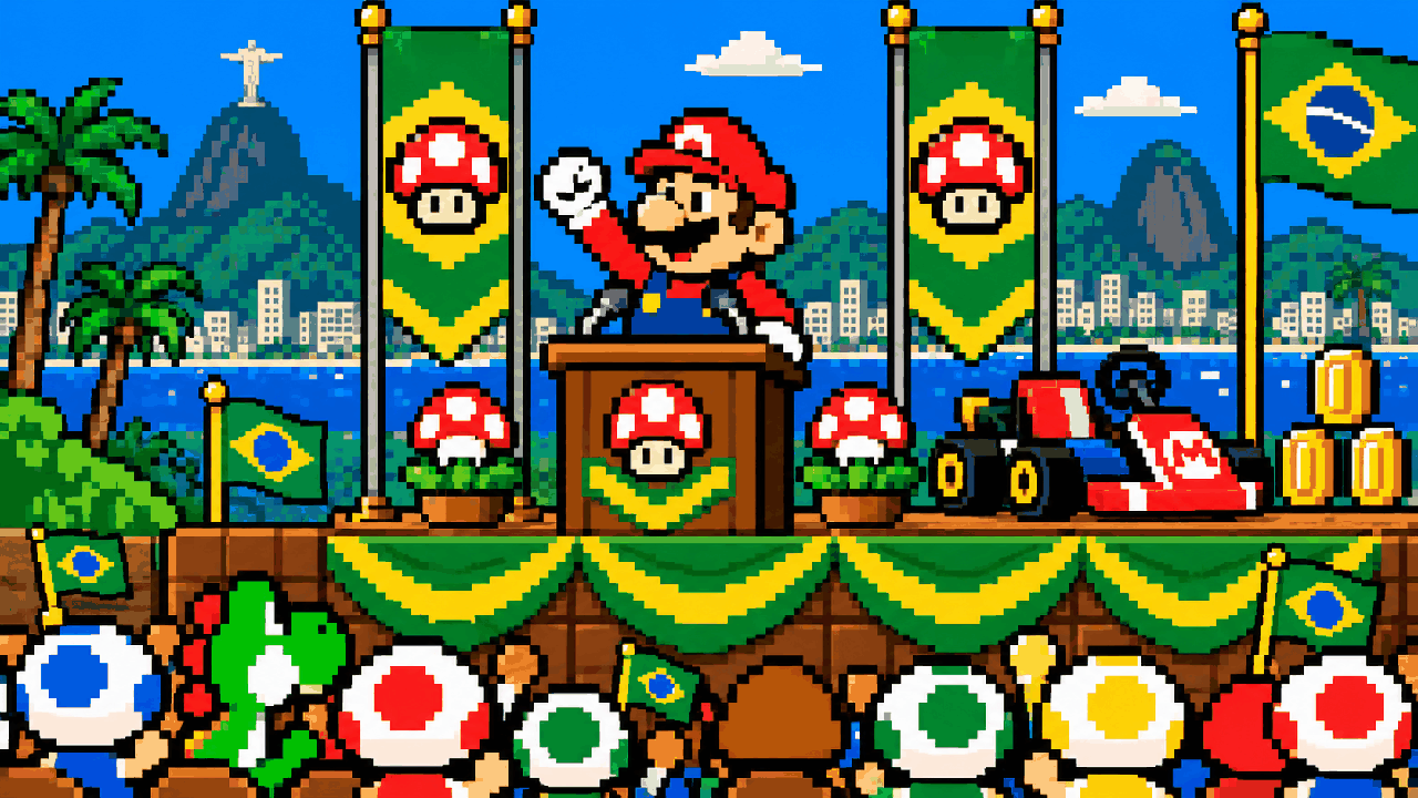 Mario em um palanque com cogumelos, moedas e um kart em pixel art