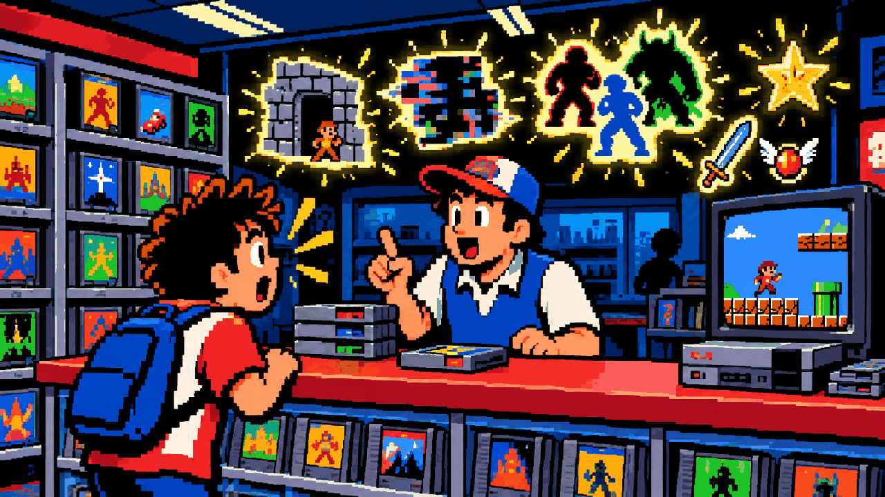 Loja de jogos antiga com rumores de segredos absurdos brilhando no fundo em pixel art