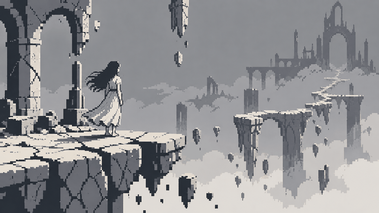 Mundo interno cinza desmoronando em pixel art retro