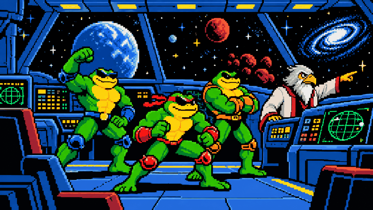 Rash Zitz Pimple e Professor T Bird na nave Vulture em pixel art