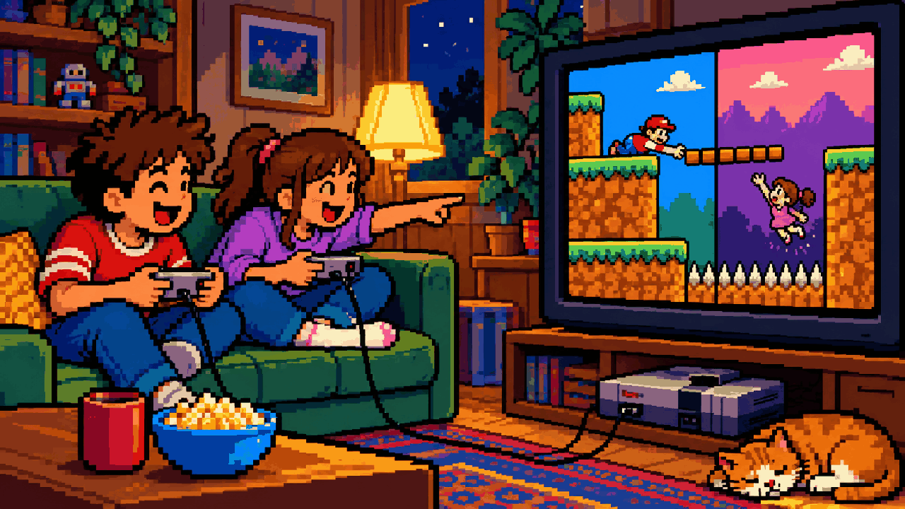 Crianças jogando coop local e rindo juntas em pixel art