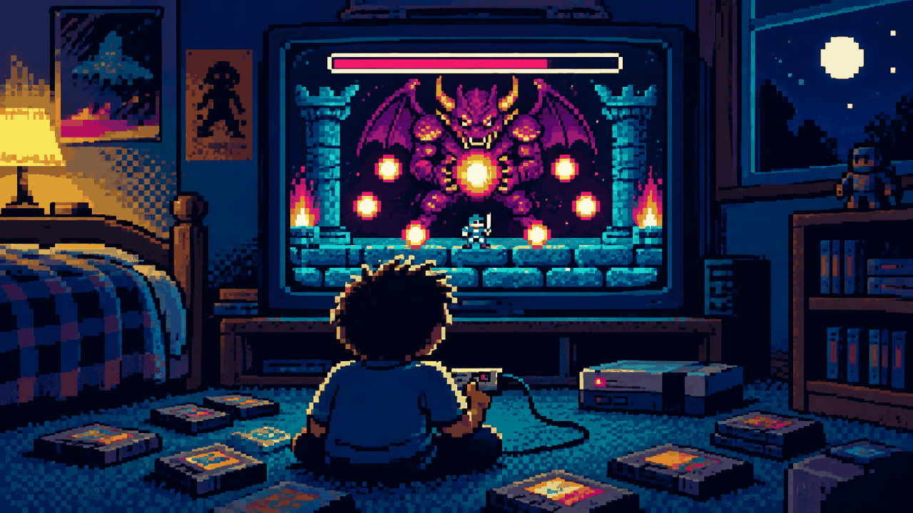 Jogador diante de uma televisão antiga com a memória de uma luta contra chefe em pixel art