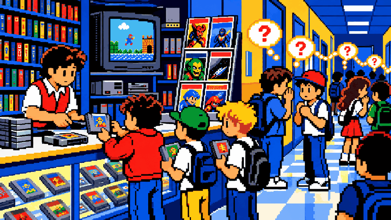 Locadora e escola espalhando rumores de videogame em pixel art