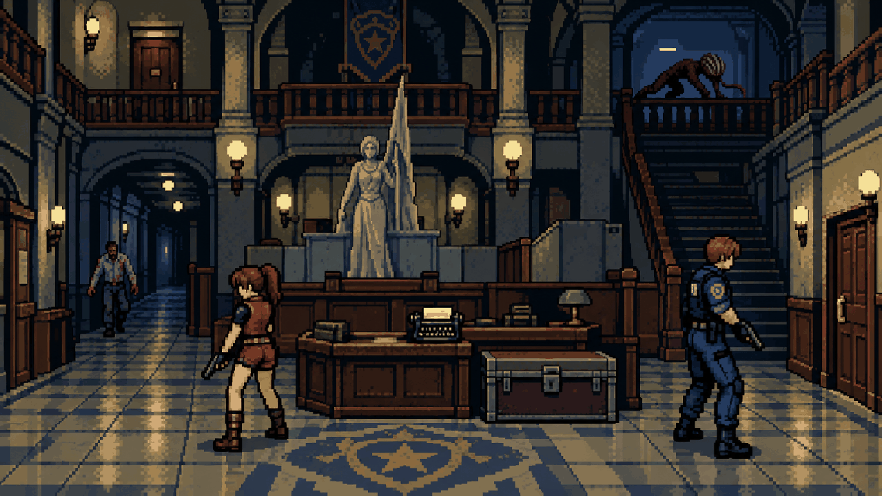 Leon e Claire na delegacia de Raccoon City em pixel art
