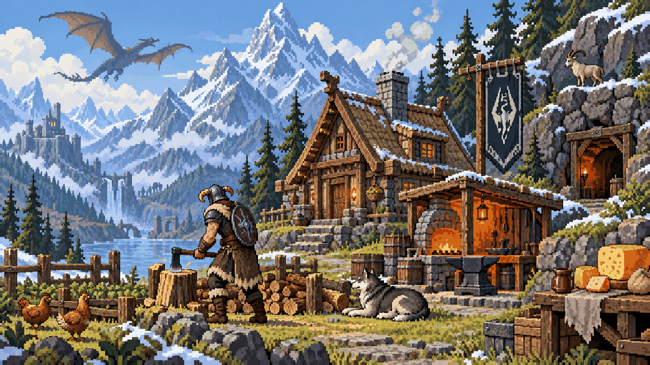Aventureiro explorando uma montanha de Skyrim ao lado de uma casa em pixel art