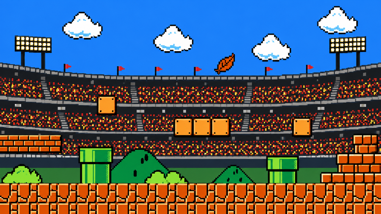 Fase de plataforma inspirada em Super Mario Bros. 3 dentro de um estádio