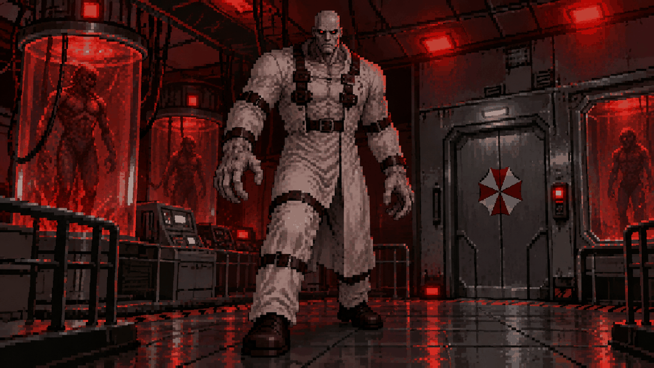 Tyrant T-103 dentro de um laboratório da Umbrella em pixel art