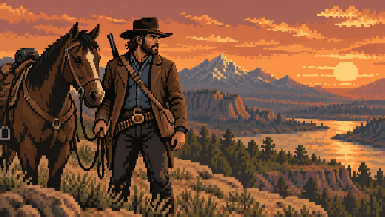 Arthur Morgan ao lado de seu cavalo em uma paisagem de faroeste em pixel art