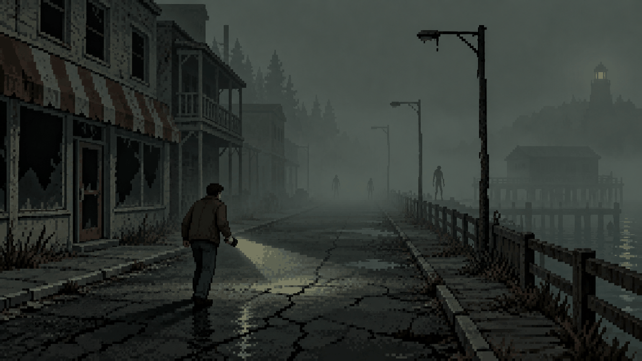 Ruas vazias e névoa de Silent Hill em pixel art