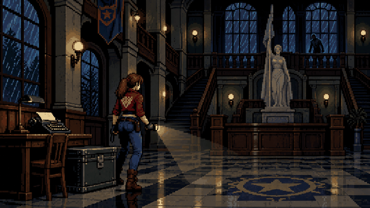 Claire Redfield em uma delegacia abandonada de Raccoon City em pixel art