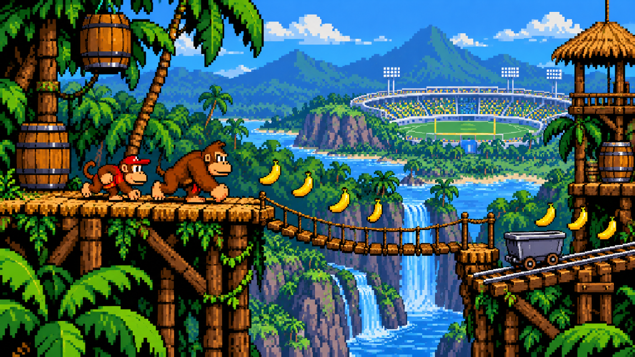 Donkey Kong e Diddy atravessando uma selva diante de um estádio