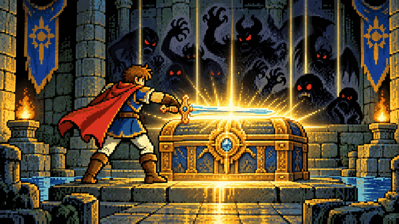 O Herói dos Homens enfrenta monstros com uma espada luminosa em pixel art