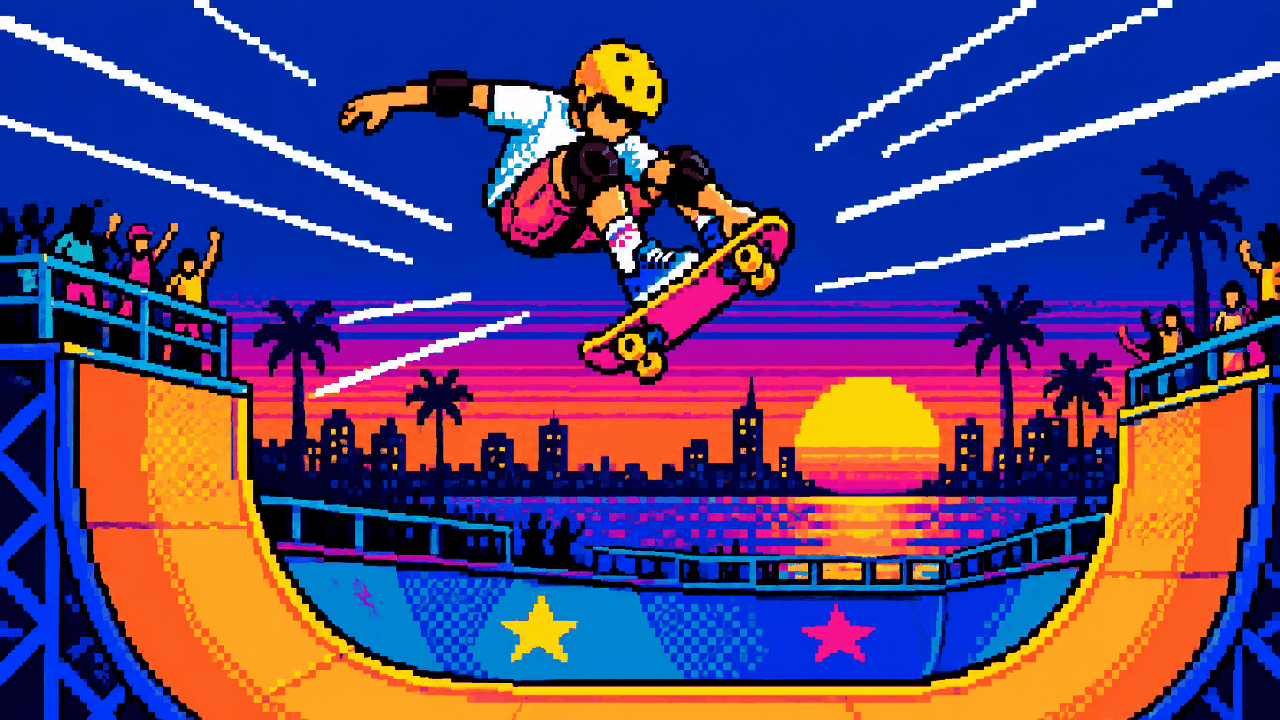 Skatista secreto fazendo manobra em pista colorida de arcade em pixel art