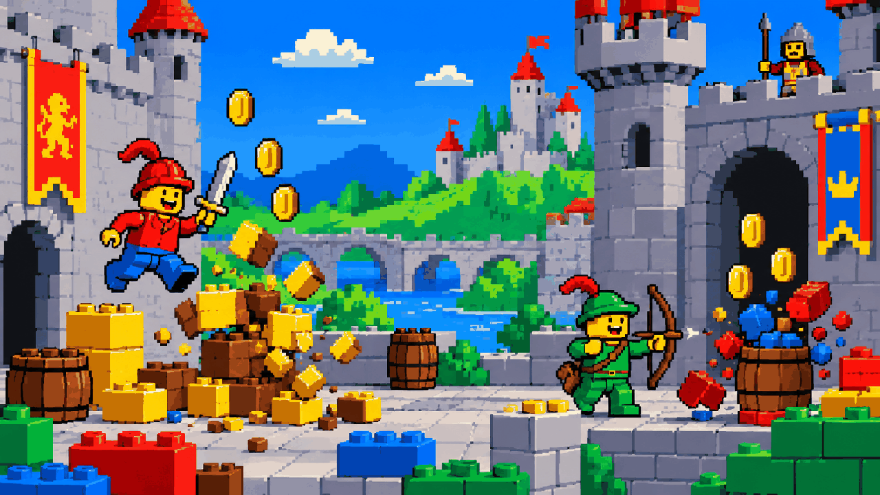 Aventura de blocos de montar em coop familiar em pixel art