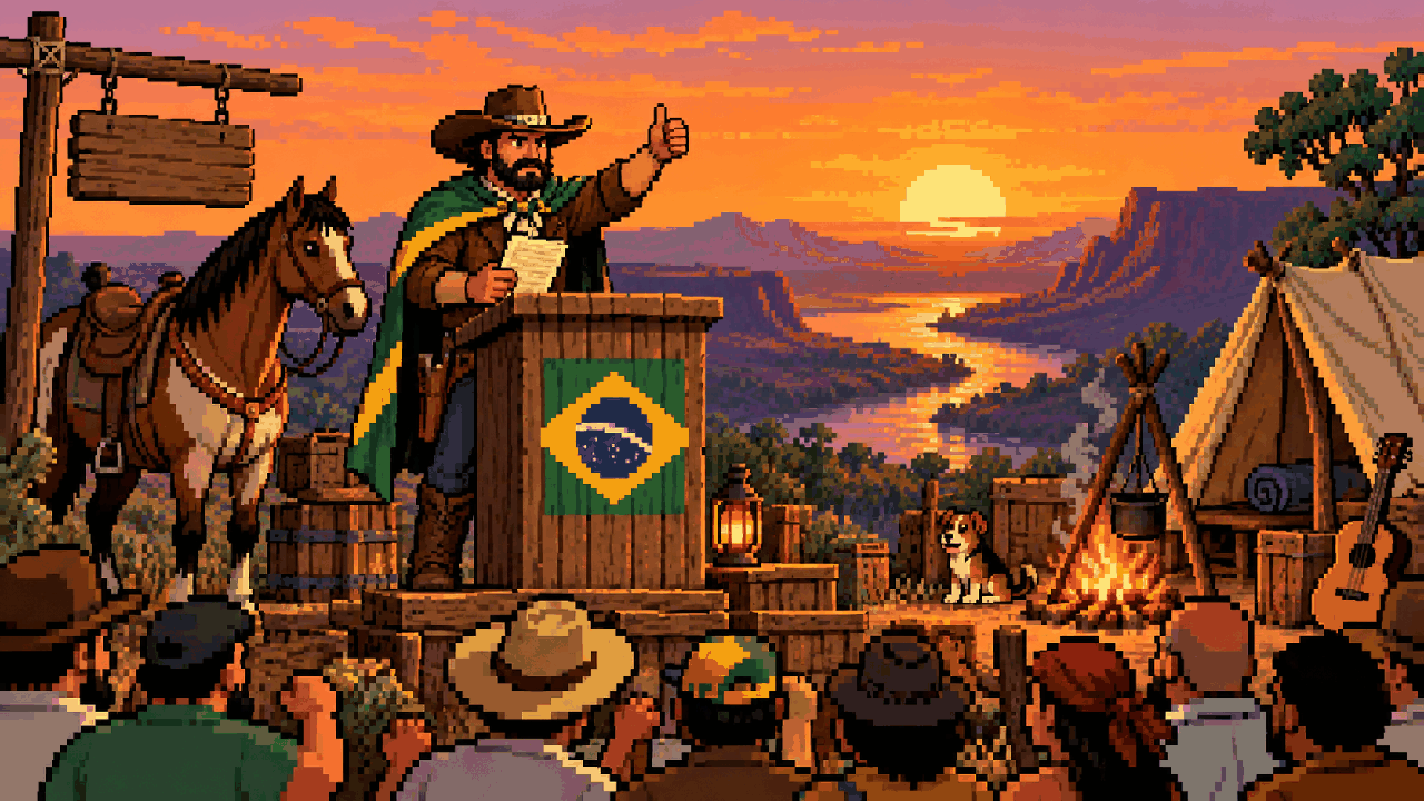 Kratos diante de um palanque com colunas quebradas e um machado em pixel art