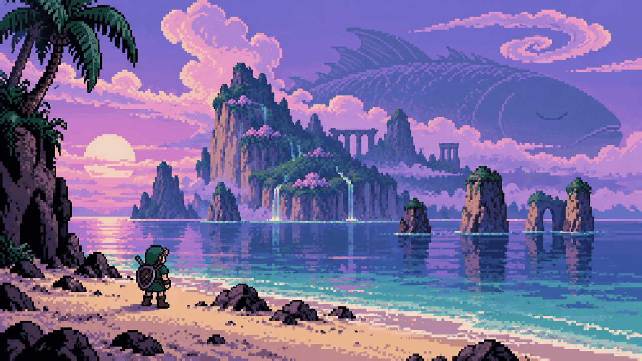 Link explora a ilha de Koholint diante do Wind Fish em pixel art