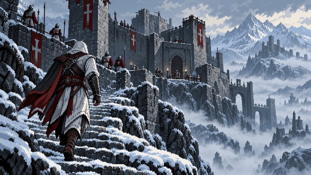 Ezio chegando à fortaleza de Masyaf coberta de neve