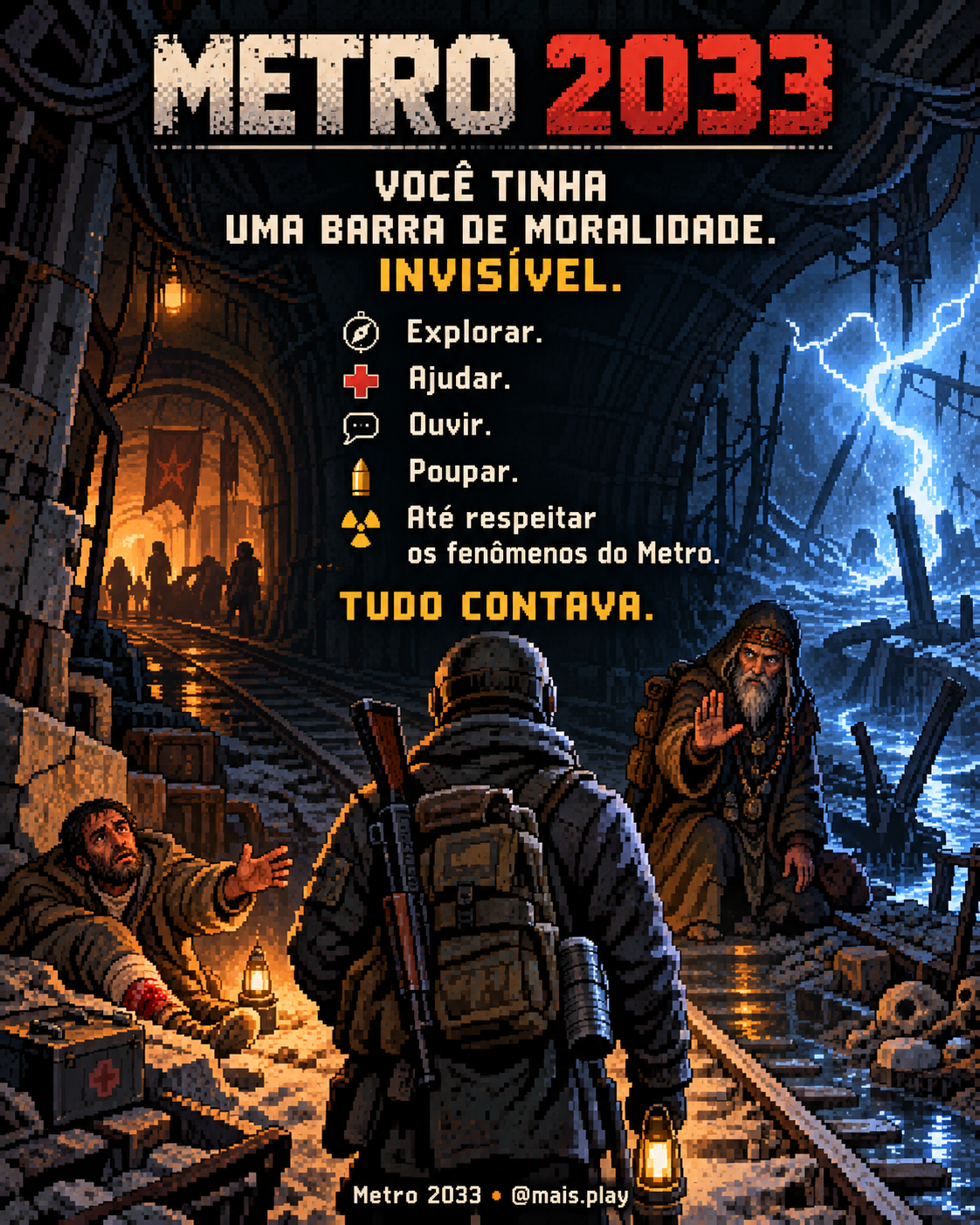 Artyom em um túnel do Metro diante de escolhas morais