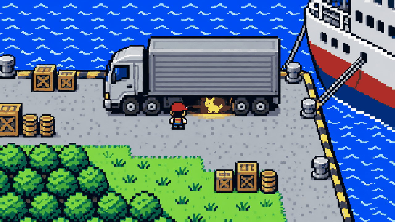 Caminhão misterioso no cais inspirado no mito de Mew em pixel art