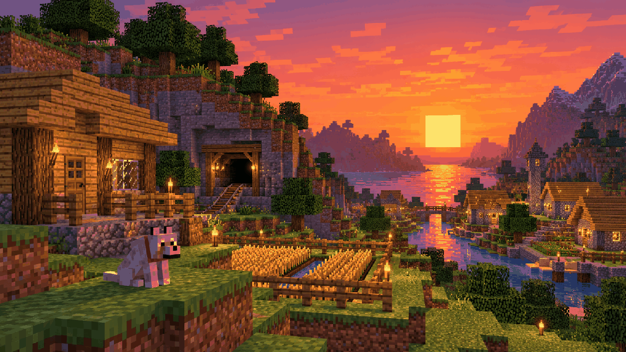 Casa, mina, plantação e cachorro em um mundo de blocos inspirado em Minecraft