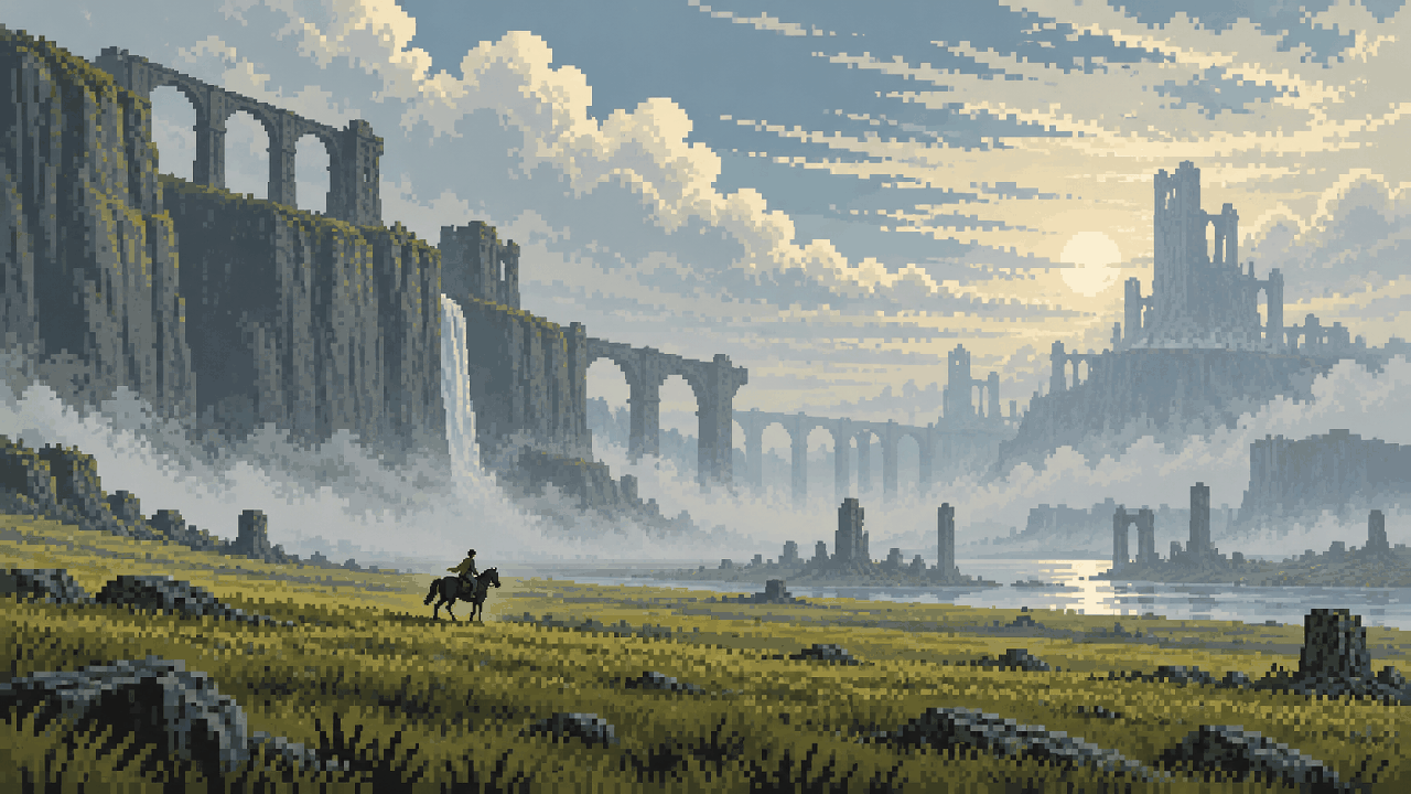 Wander e Agro atravessando uma paisagem enorme e vazia
