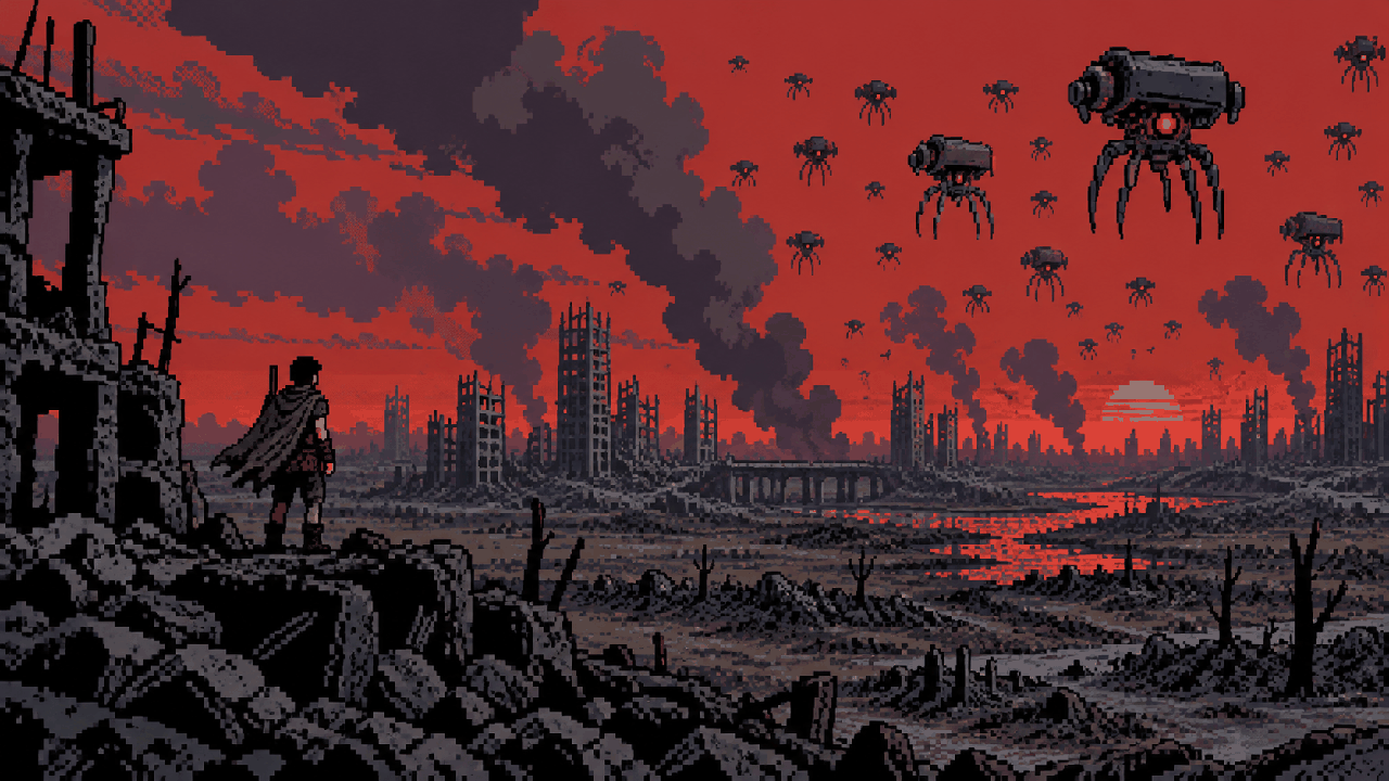Enxame de máquinas consumindo a biosfera em um mundo destruído em pixel art