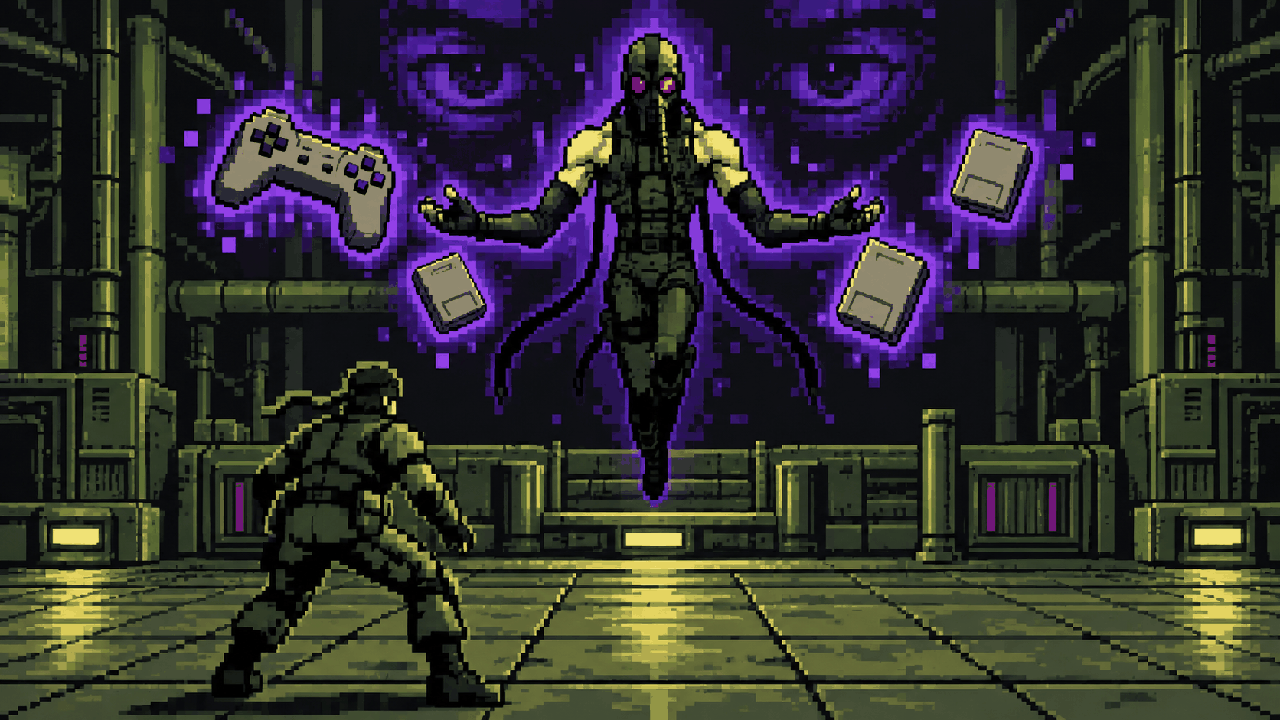 Psycho Mantis usando poderes mentais para levitar um controle em pixel art retrô