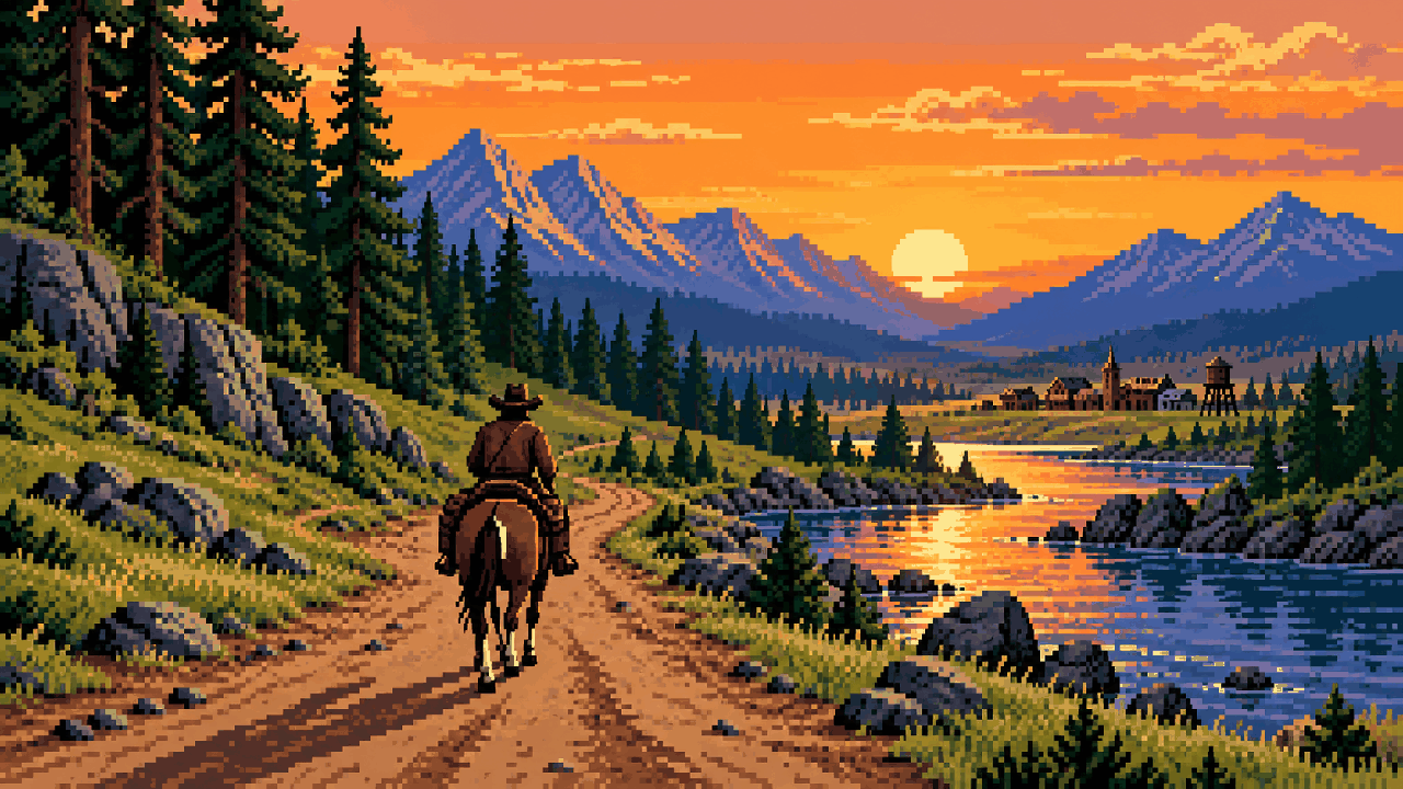 Cavaleiro em estrada ao pôr do sol inspirado em Red Dead Redemption 2 em pixel art