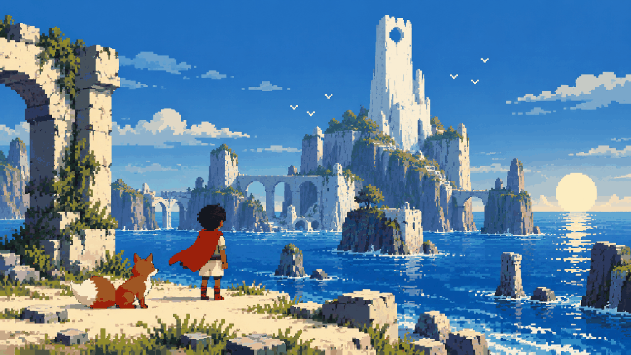 Menino em uma ilha com torre branca e raposa em cena inspirada em RiME em pixel art