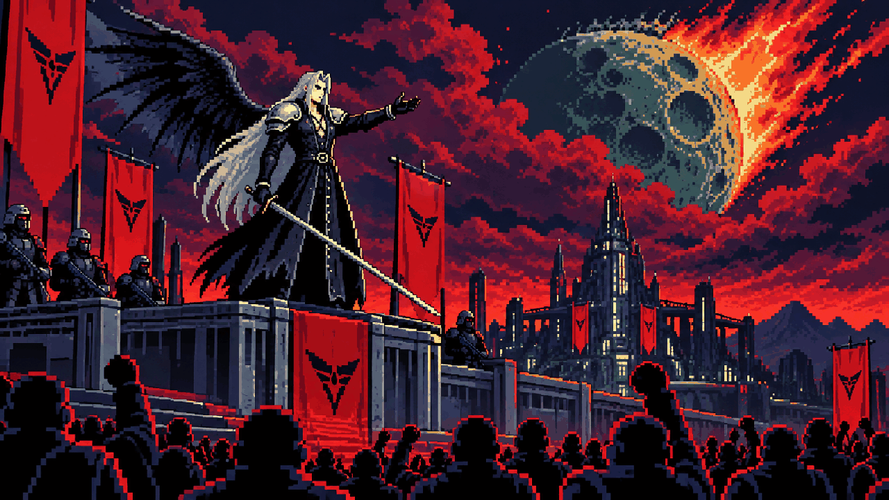 Sephiroth em um palanque sob um meteoro