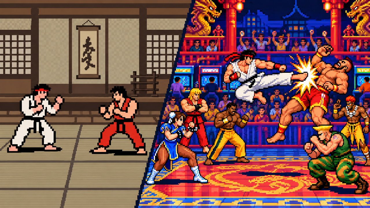 Street Fighter evoluindo de duelo simples para grande torneio de fliperama