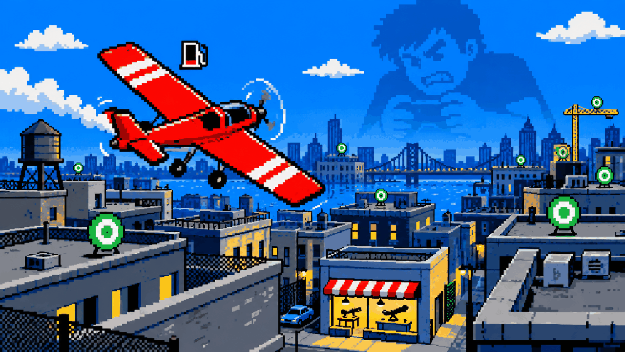 Aviãozinho vermelho sobrevoando cidade com alvos em pixel art