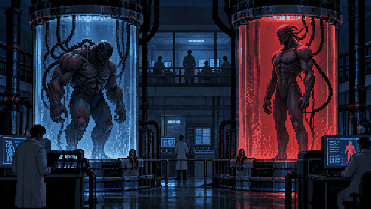 Protótipo T-002 e Tyrant T-103 em câmaras de contenção em pixel art