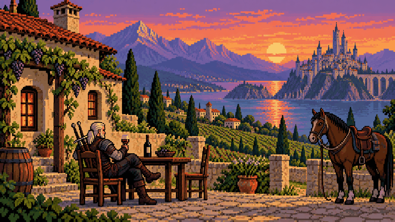 Geralt diante de uma casa em Corvo Bianco em pixel art