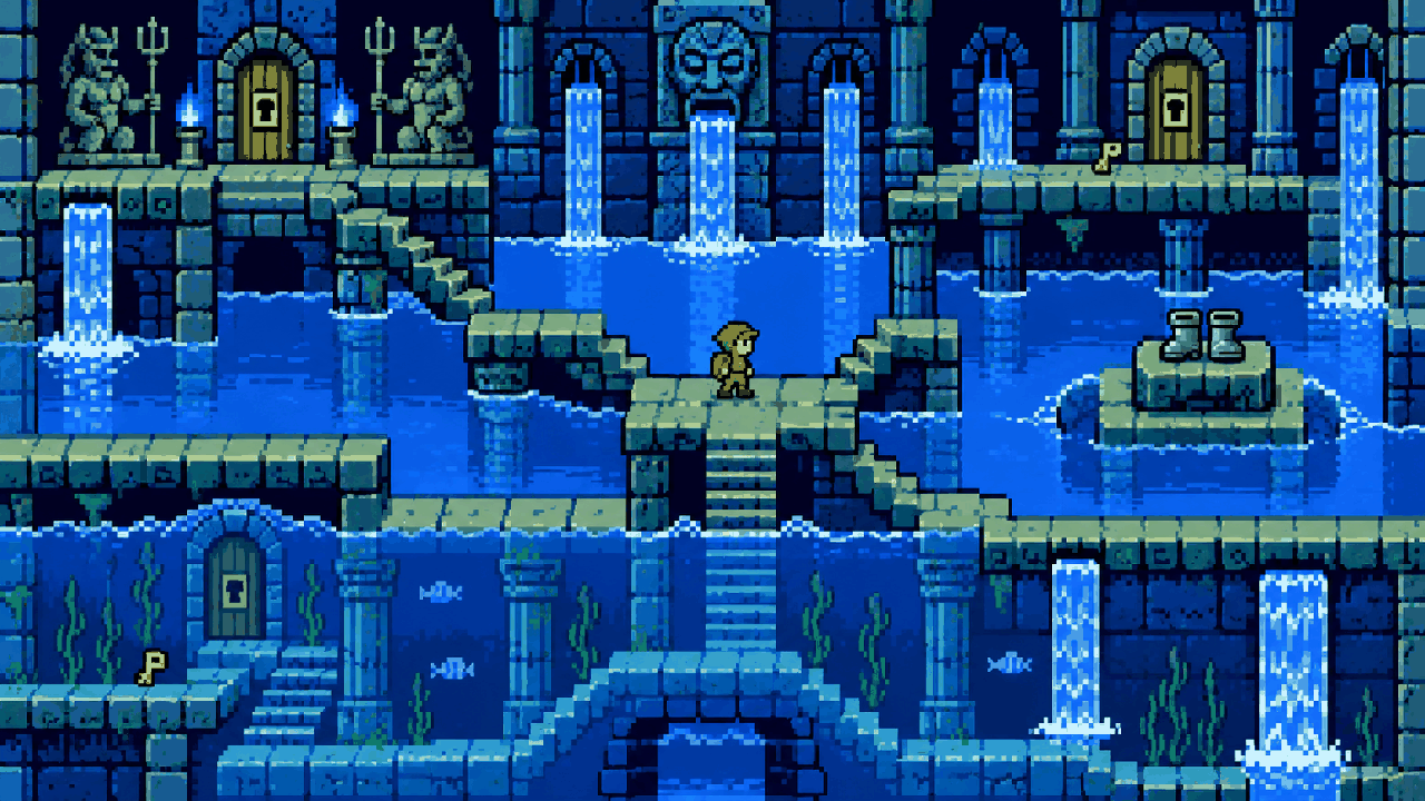 Templo de agua com chaves, botas e aventureiro perdido em pixel art