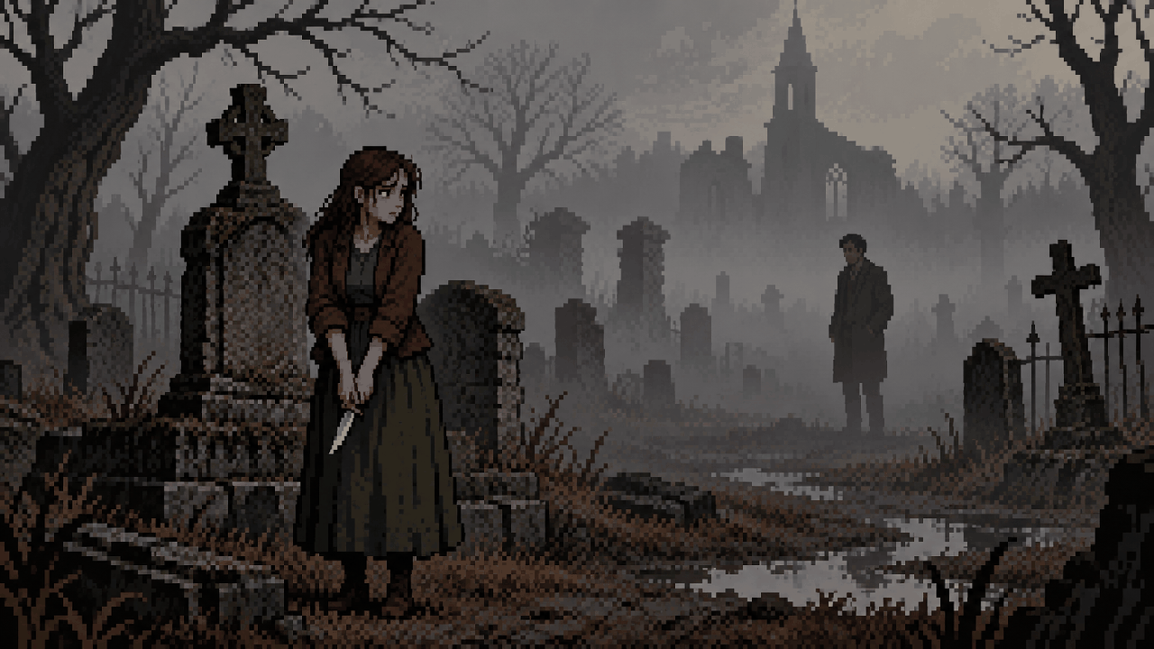 Angela Orosco em cemitério enevoado de Silent Hill em pixel art