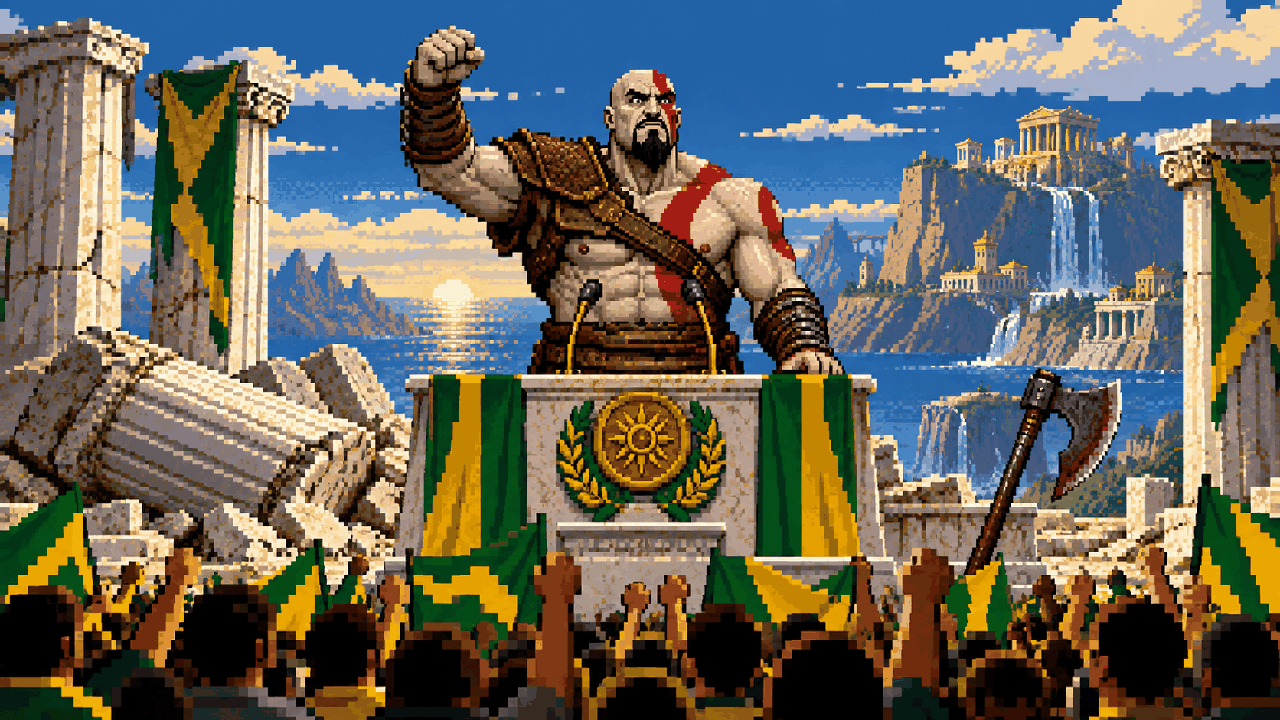 Arthur Morgan em um palanque rústico ao lado de um cavalo e um acampamento em pixel art