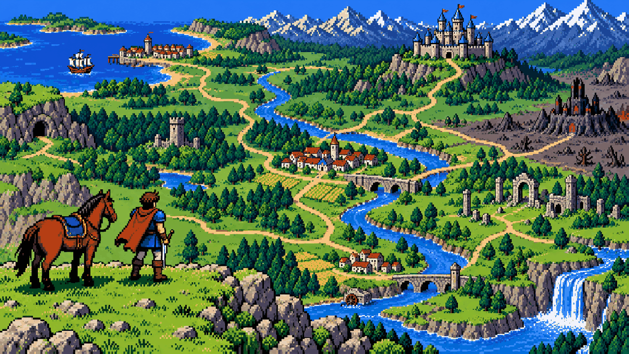 Aventureiro observando um mapa medieval aberto em pixel art