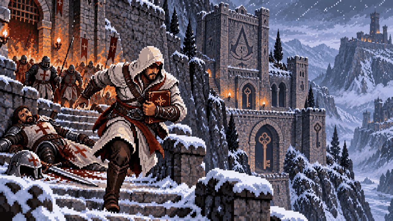 Ezio escapando de Masyaf com o diário de Niccolò Polo