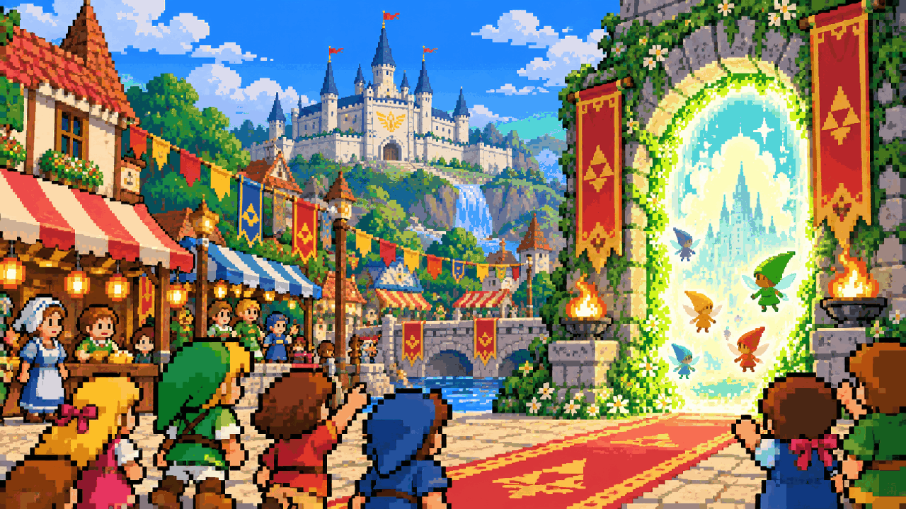 Festival Picori em Hyrule com multidão, bandeiras e uma arena em pixel art