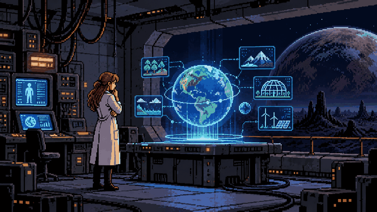 Cientista diante do fim da humanidade e de um plano para reconstruir a Terra em pixel art