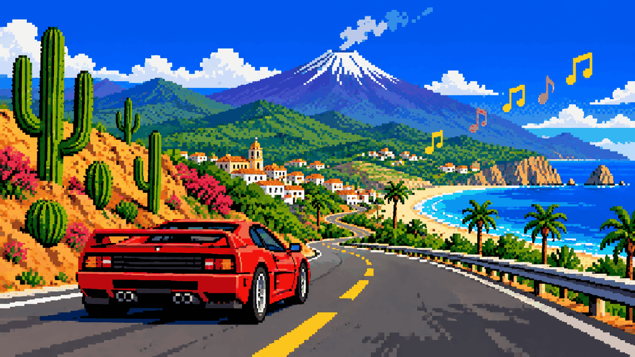 Carro esportivo em estrada tropical e desértica inspirado em Forza Horizon 5 em pixel art